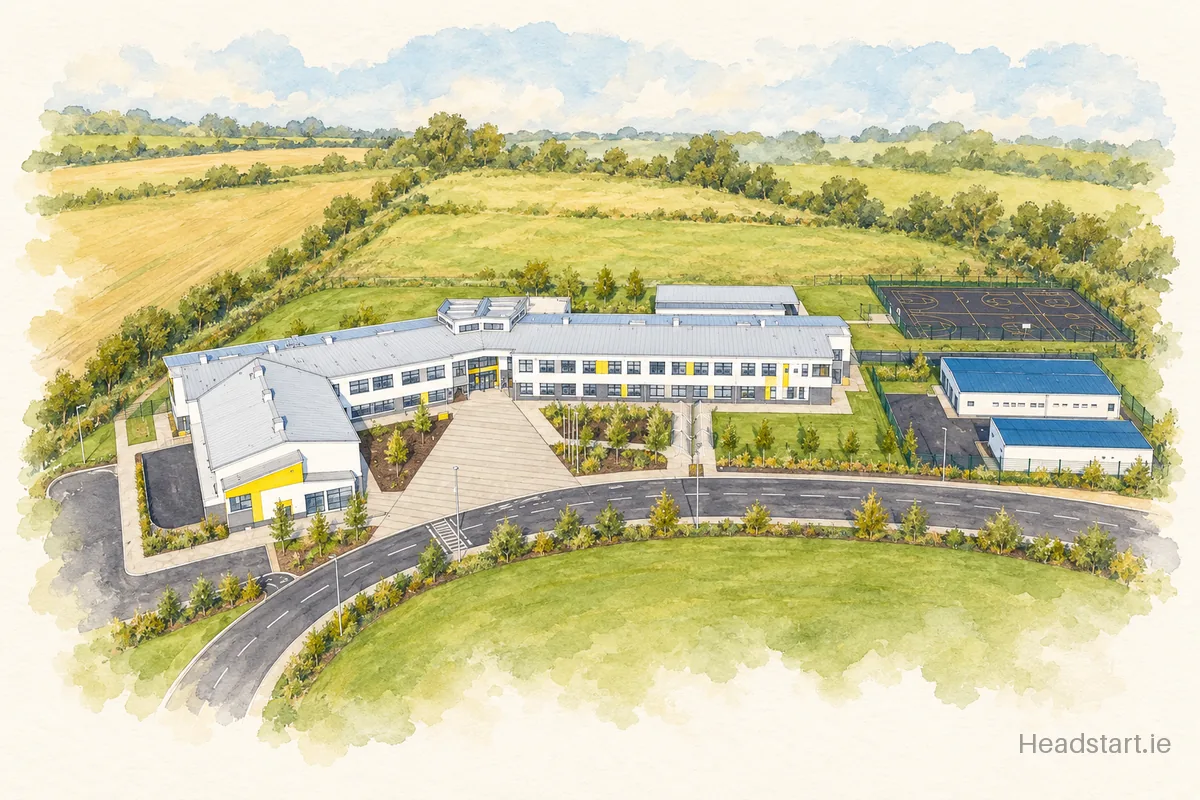 Watercolour illustration of the Coláiste De Lacy building, Ashbourne