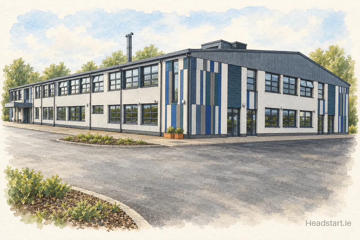 Watercolour illustration of the Coláiste Bhaile Chláir building, Galway