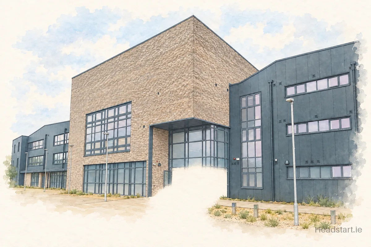 Watercolour illustration of the Carrigtwohill Post-Primary School building, Carrigtwohill