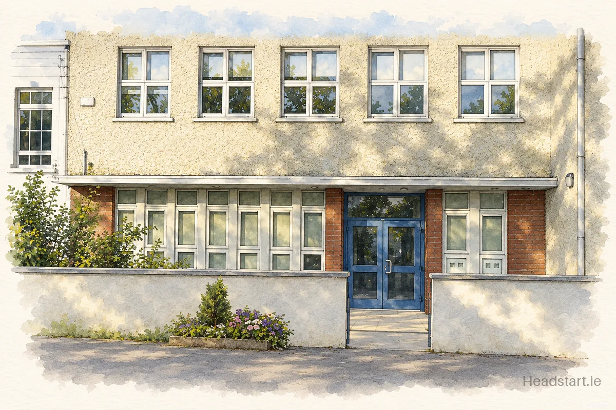 Watercolour illustration of the Dunamase College (Coláiste Dhún Másc) building, Portlaoise