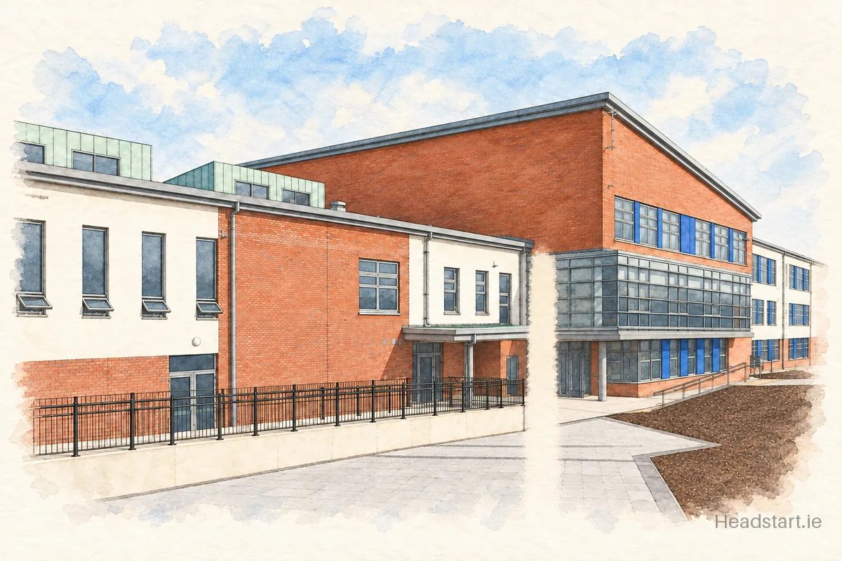 Watercolour illustration of the Swords Community College building, Swords and Dublin Airport