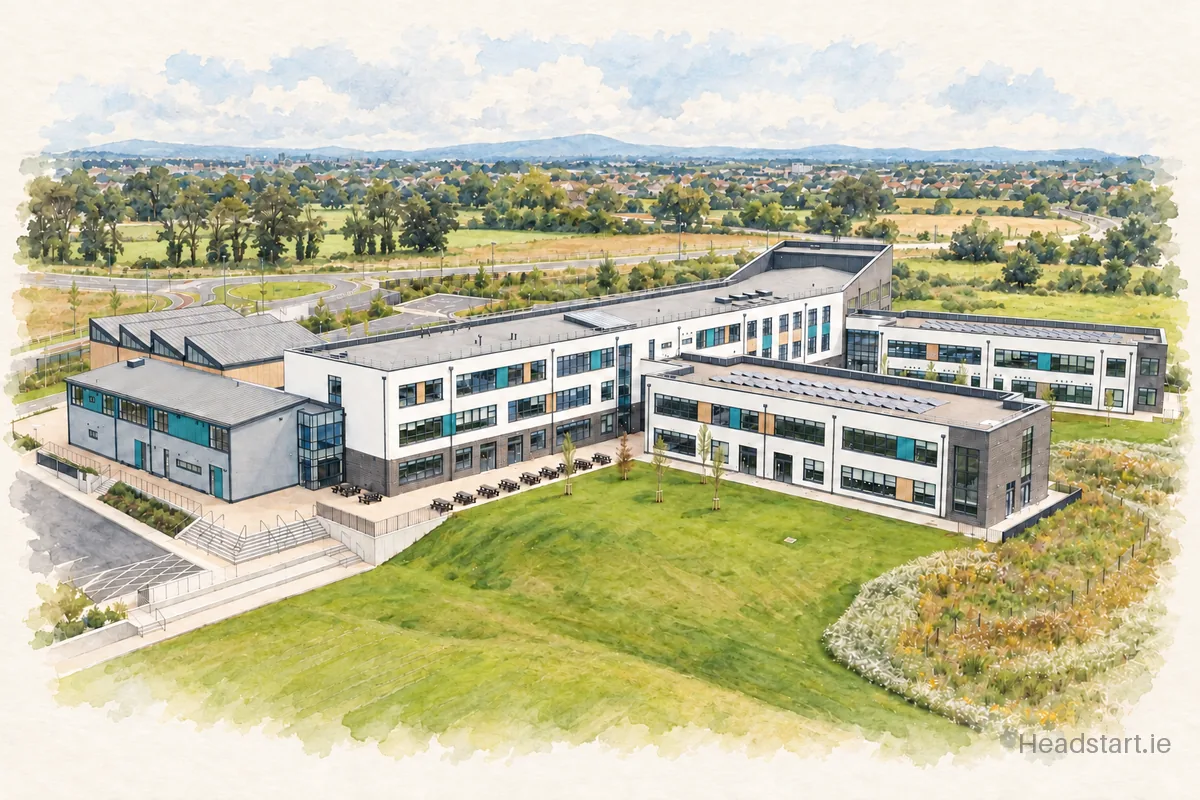 Watercolour illustration of the Mungret Community College building, Mungret