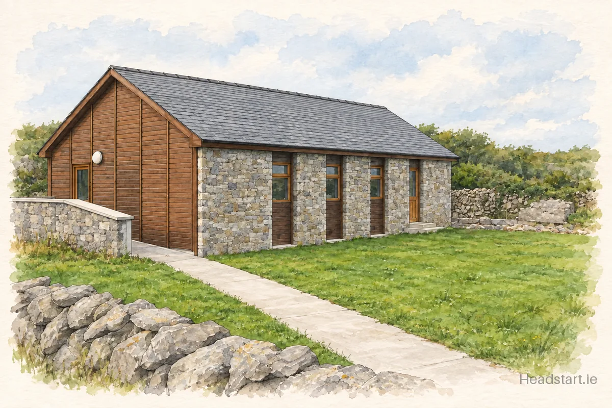 Watercolour illustration of the Coláiste Naomh Eoin building, Oileáin Árann