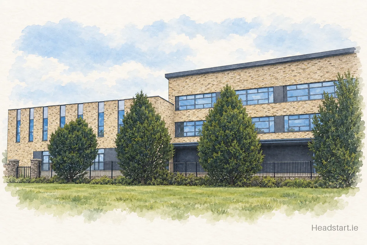 Watercolour illustration of the Coláiste pobail Fóla building, Garter's Lane
