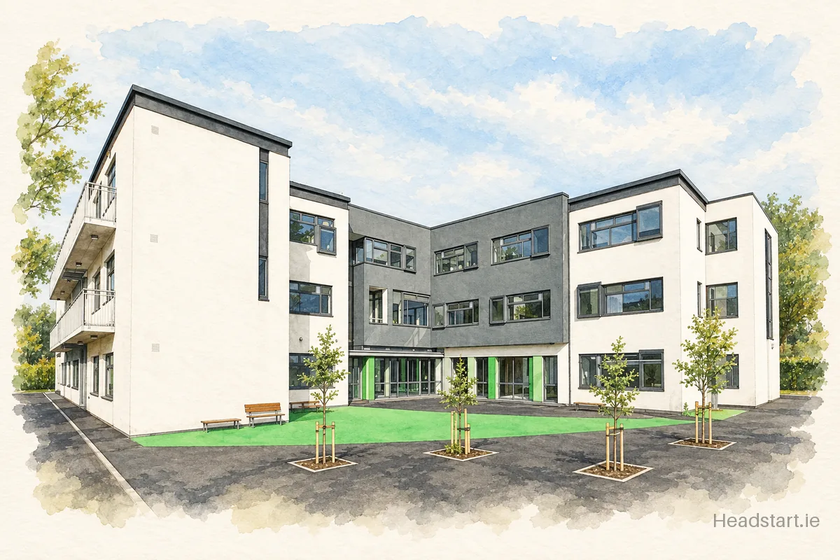 Watercolour illustration of the Newpark Comprehensive School building, Blackrock