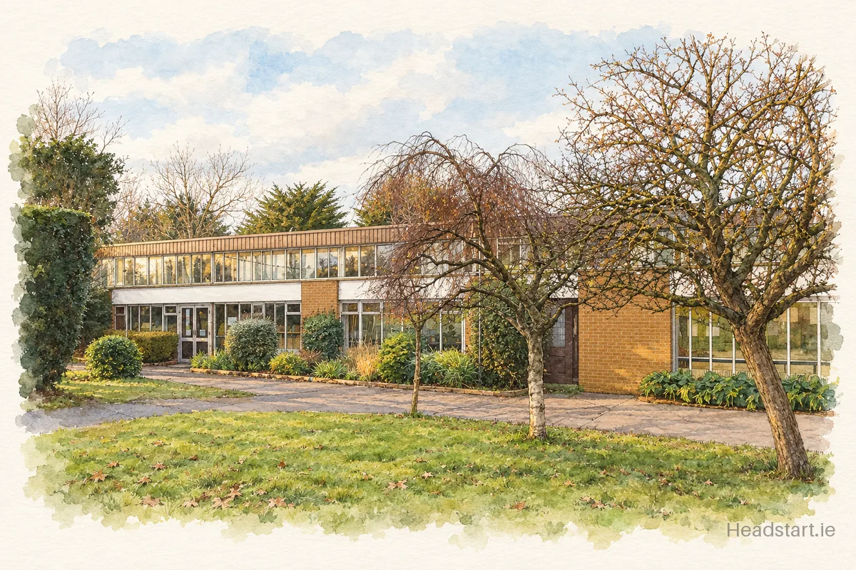 Watercolour illustration of the Mount Temple Comprehensive School building, Dublin 3