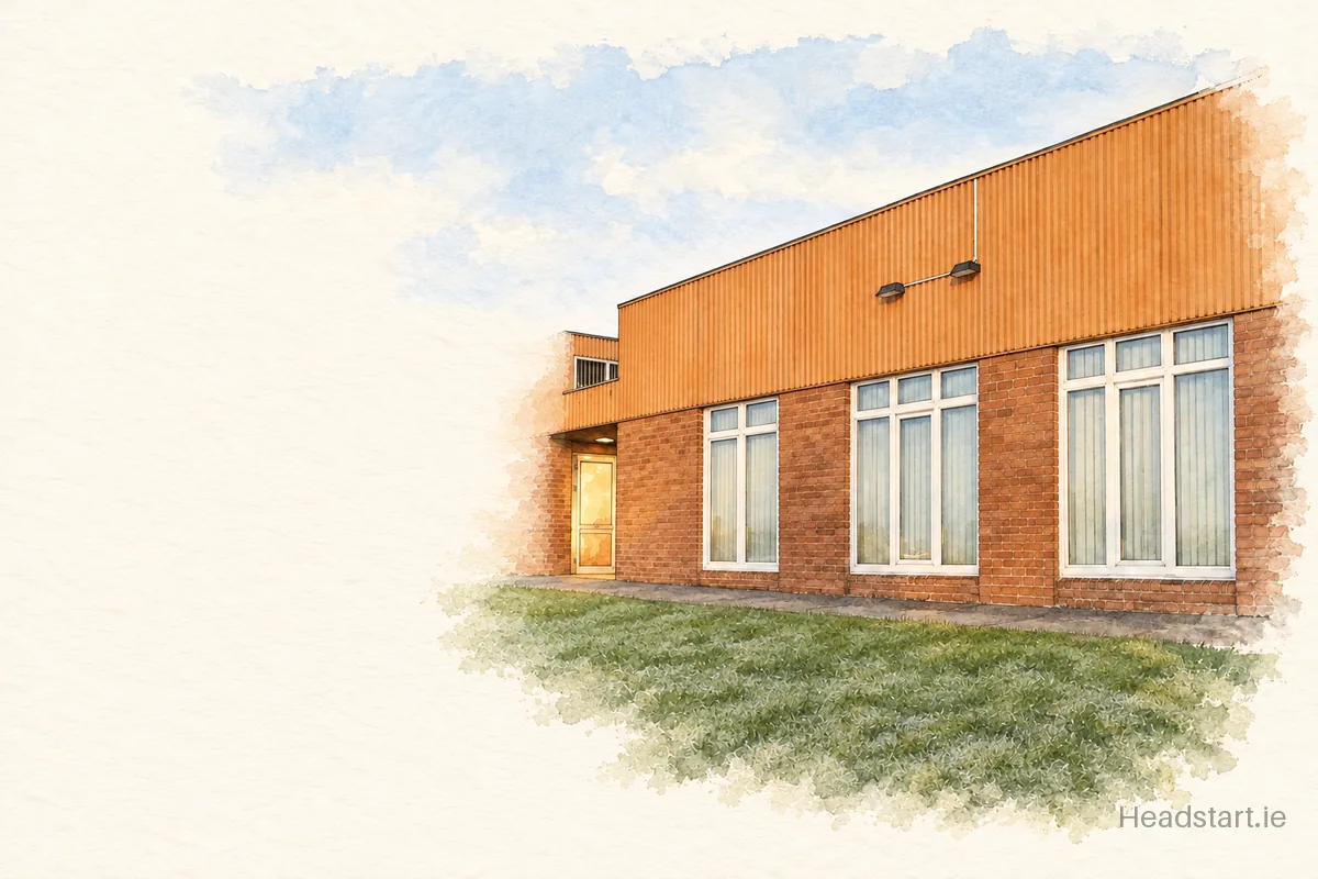 Watercolour illustration of the Tarbert Comprehensive School building, Listowel