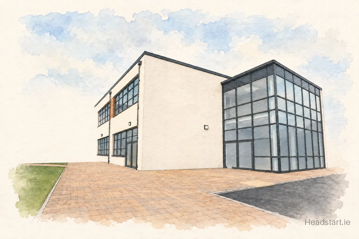 Watercolour illustration of the St. Patrick's Comprehensive School building, Shannon