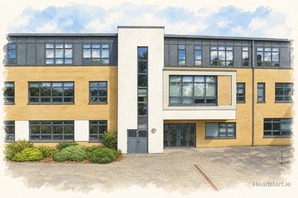 Watercolour illustration of the Ashton School building, Cork (centre and southside)