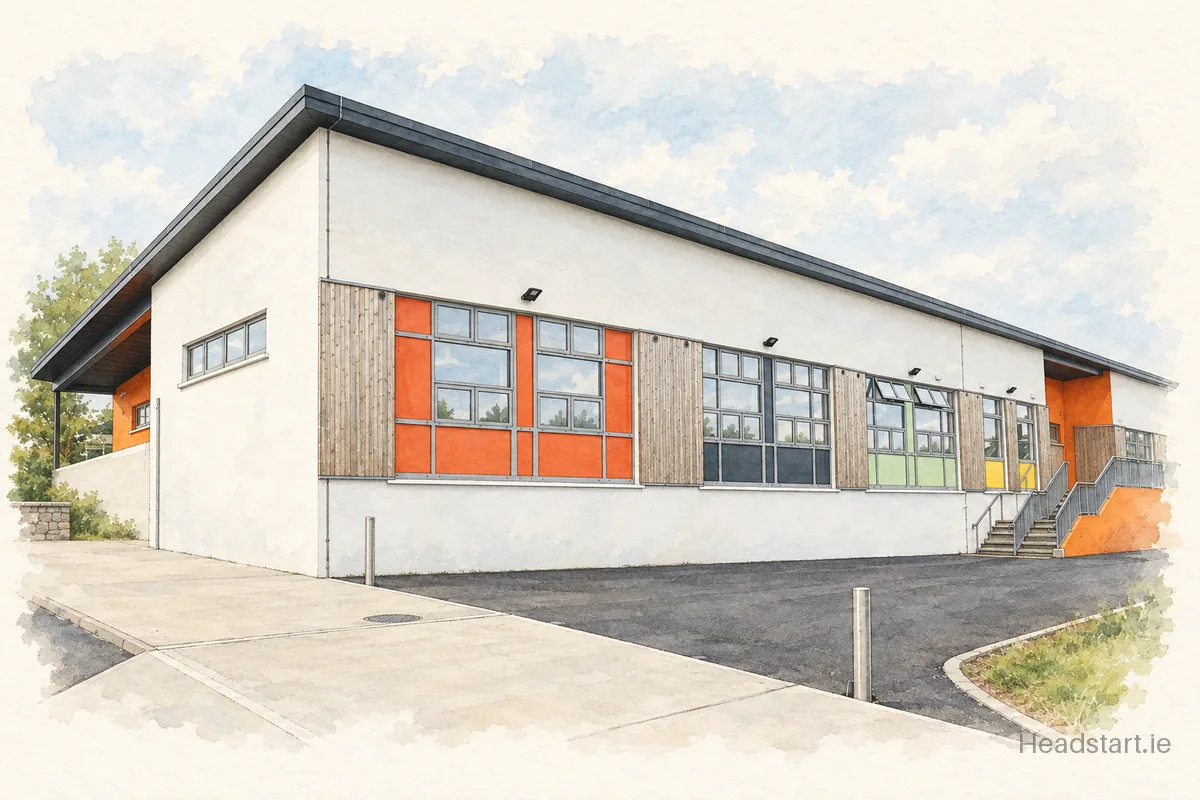Watercolour illustration of the Scoil Chuimsitheach Chiaráin building, Galway
