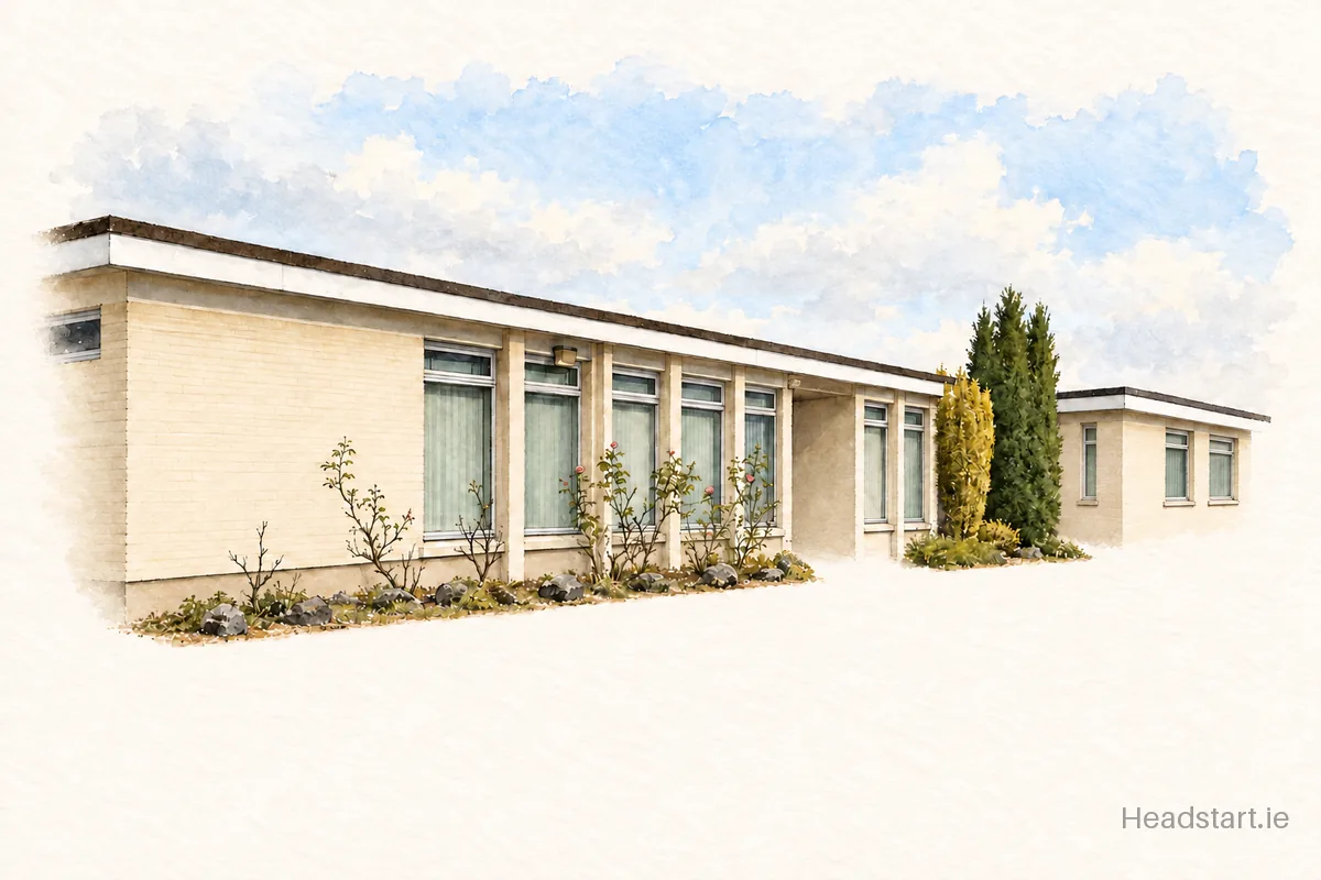 Watercolour illustration of the St. Clare's Comprehensive School building, Manorhamilton