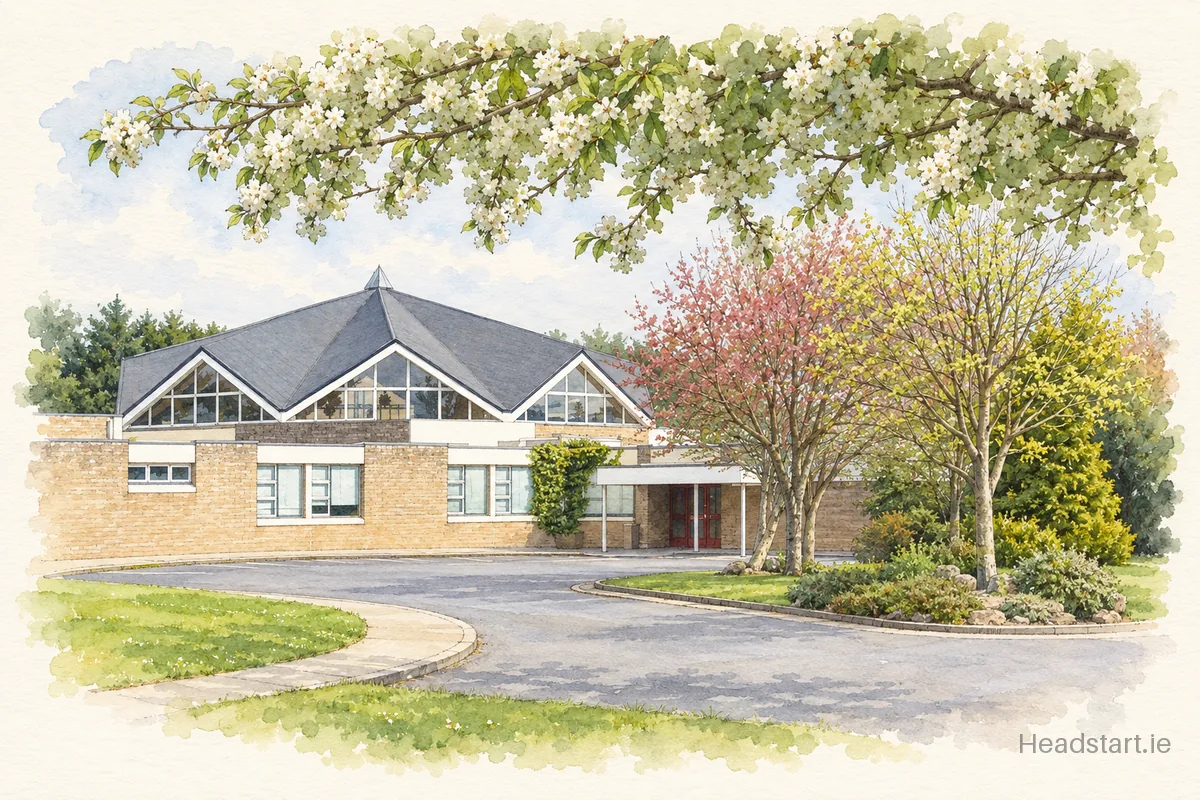 Watercolour illustration of the Crescent College Comprehensive building, Dooradoyle