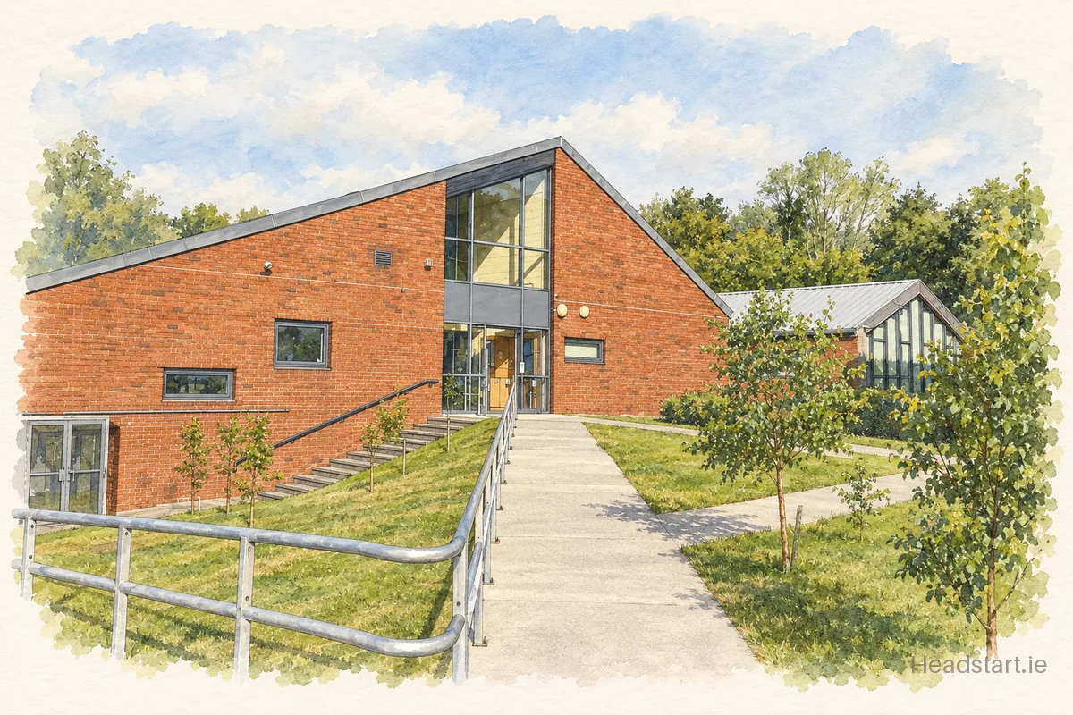 Watercolour illustration of the East Glendalough School building, Wicklow Town