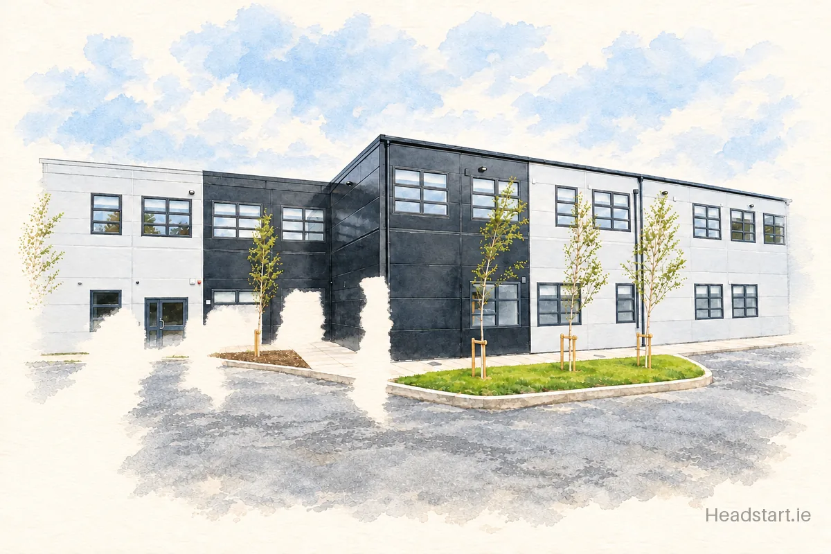 Watercolour illustration of the Phobailscoil Iosolde / Palmerstown Community School building, Palmerstown