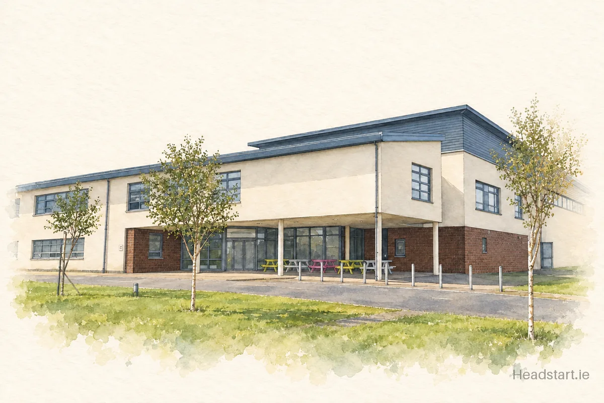 Watercolour illustration of the Ballinteer Community School building, Ballinteer