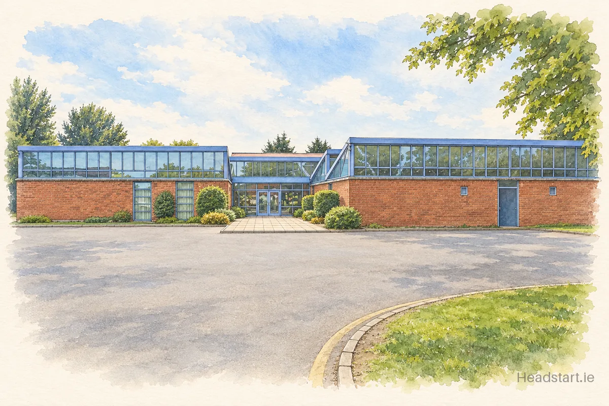 Watercolour illustration of the Cabinteely Community School building, Cabinteely