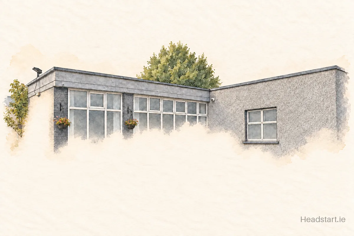 Watercolour illustration of the The Donahies Community School building, Dublin 13