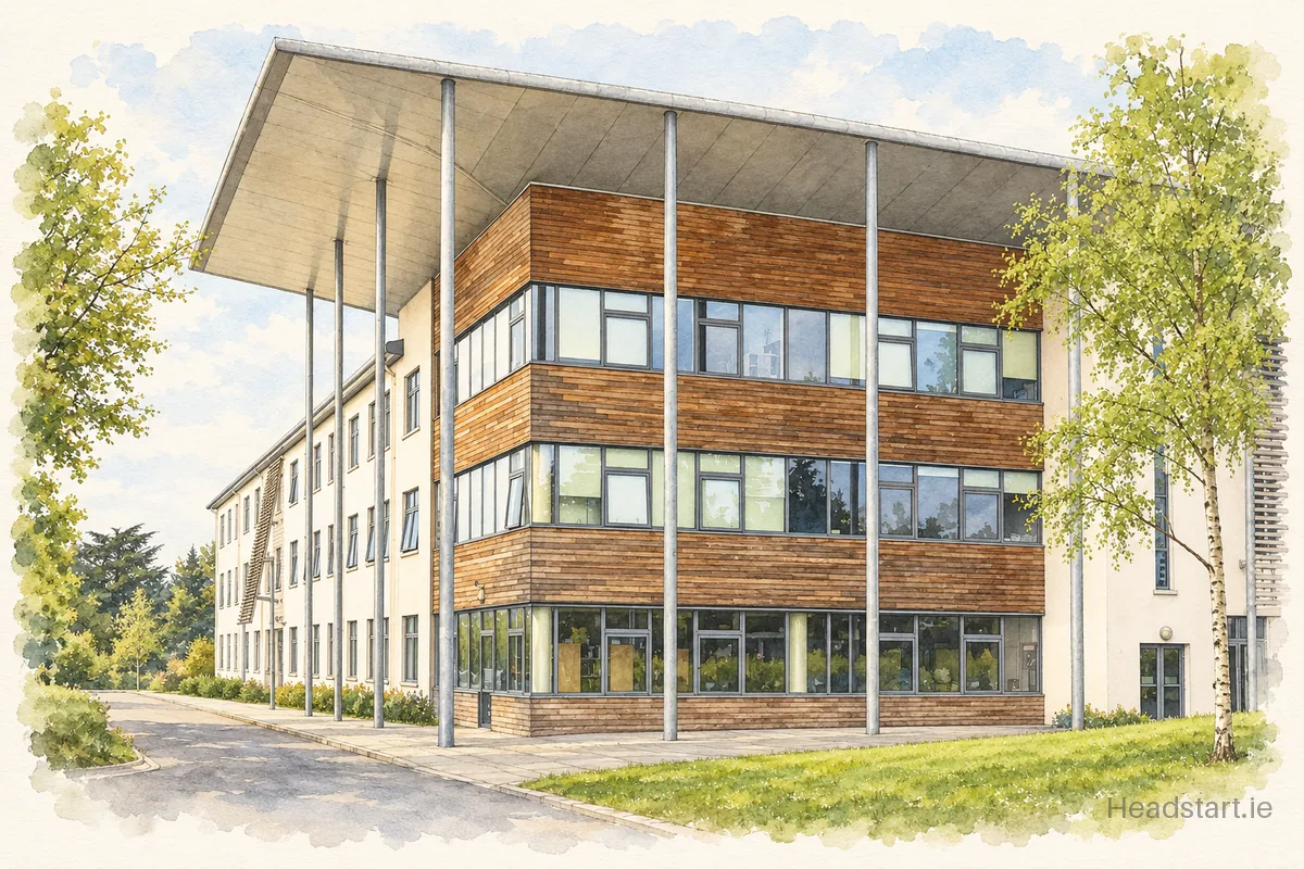 Watercolour illustration of the Malahide Community School building, Malahide