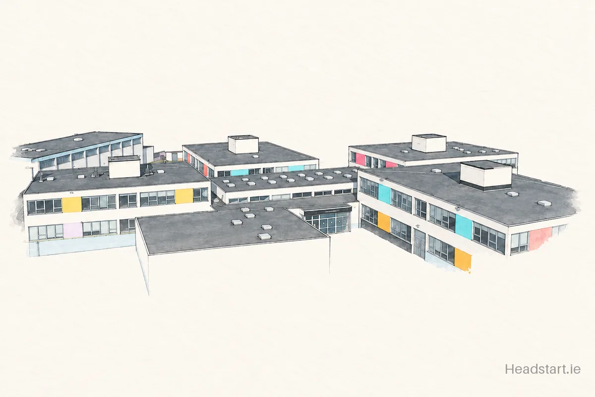 Watercolour illustration of the Holy Child Community School building, Sallynoggin