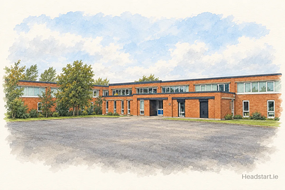 Watercolour illustration of the Killinarden Community School building, Tallaght