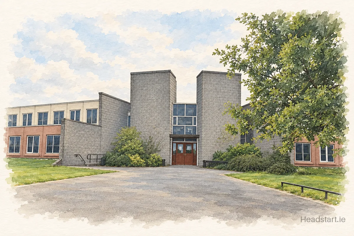 Watercolour illustration of the St Aidan's Community School building, Tallaght