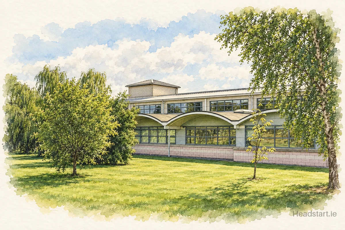 Watercolour illustration of the Hartstown Community School building, Hartstown