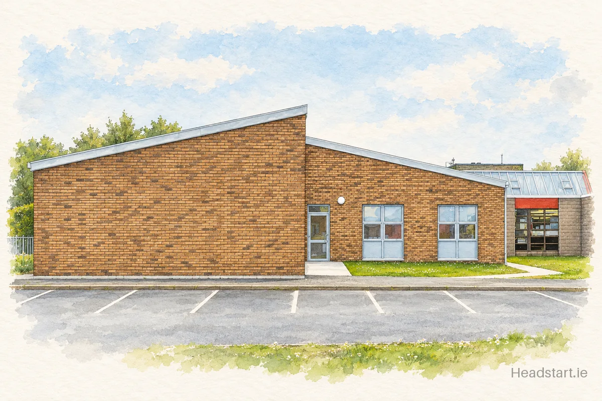 Watercolour illustration of the Pobalscoil Neasain building, Baldoyle
