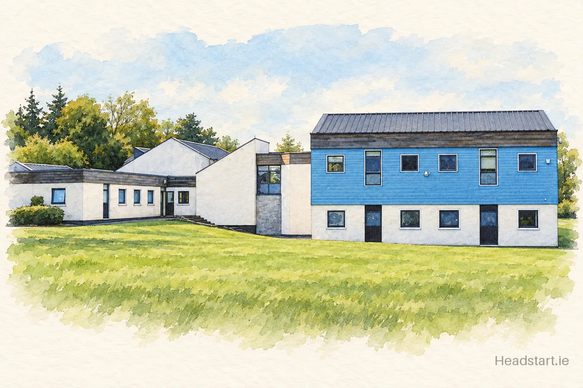 Watercolour illustration of the St. Tiernan's Community School building, Balally