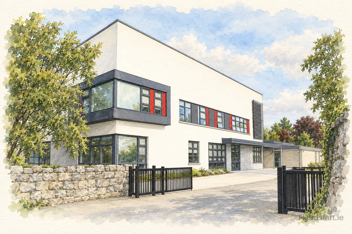 Watercolour illustration of the Tullow Community School building, Tullow