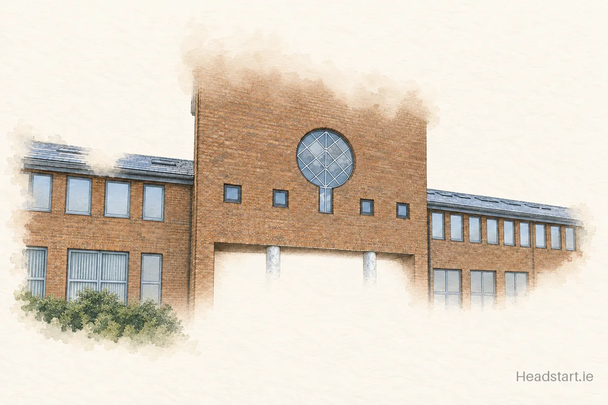 Watercolour illustration of the Castlecomer Community School building, Castlecomer
