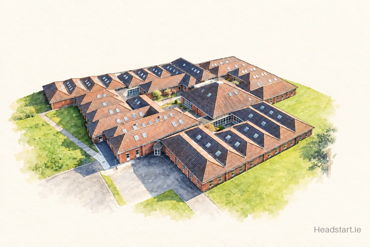 Watercolour illustration of the St. Killian's Community School building, Bray