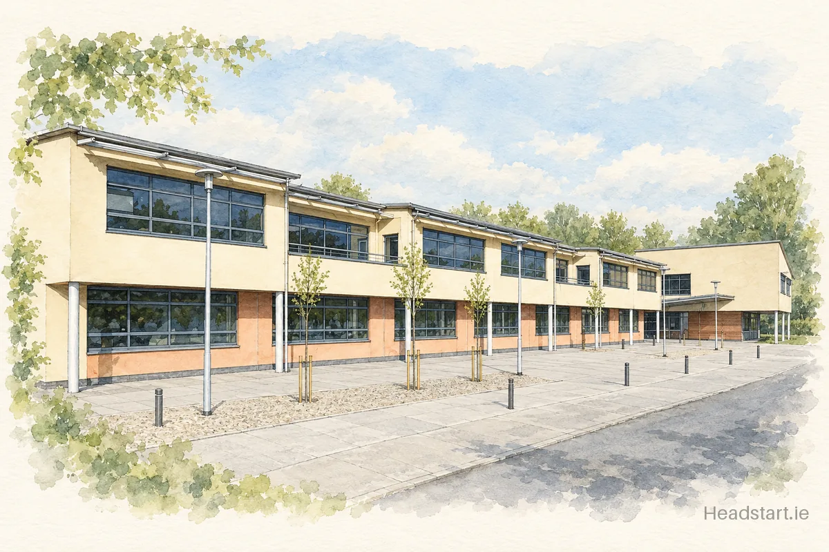 Watercolour illustration of the Ballincollig Community School building, Ballincollig