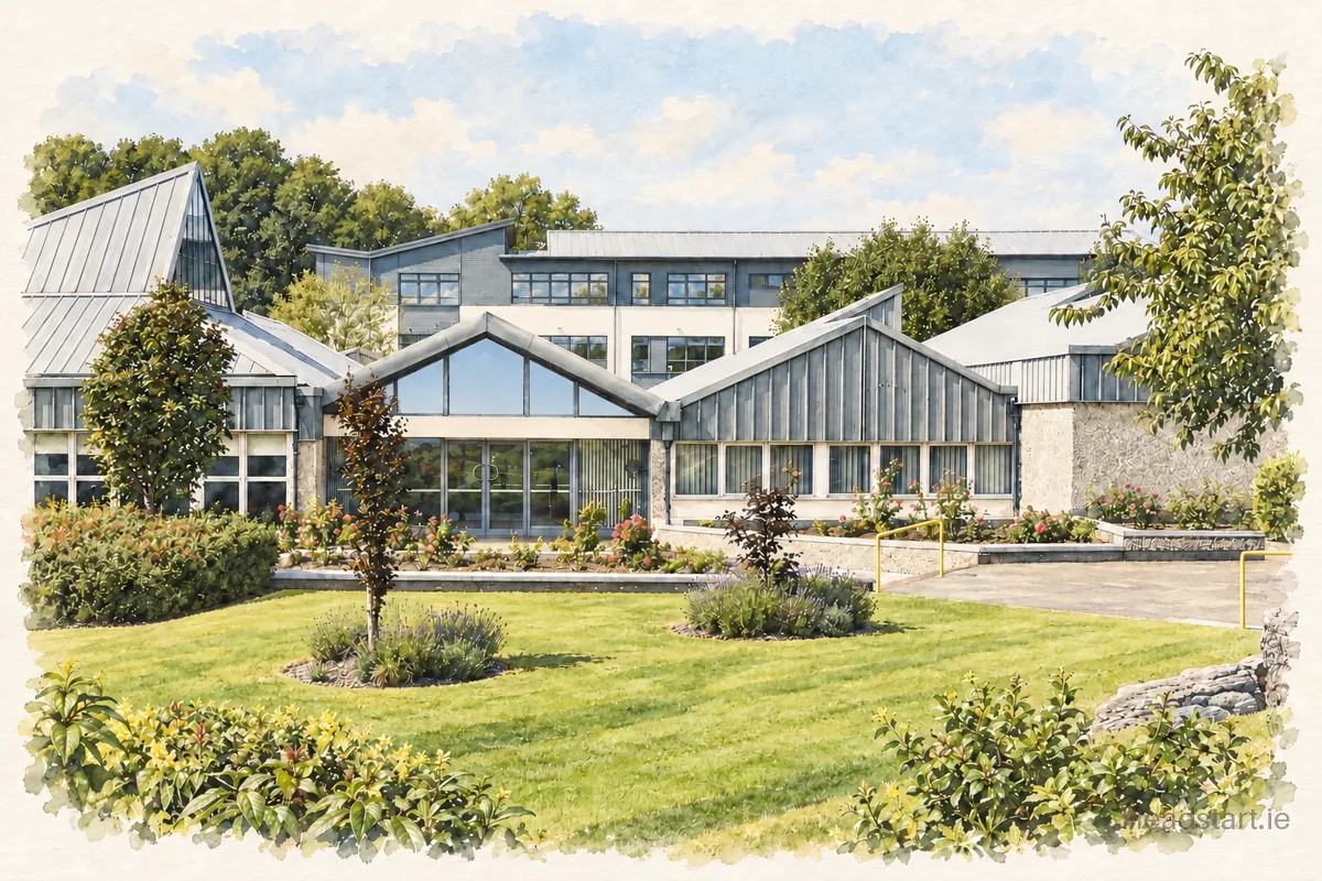 Watercolour illustration of the Carrigaline Community School building, Carrigaline