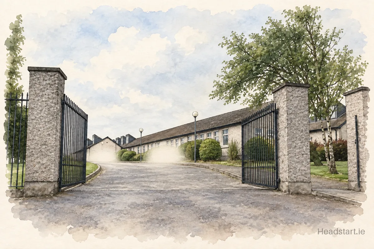 Watercolour illustration of the St Peter's Community School building, Passage West