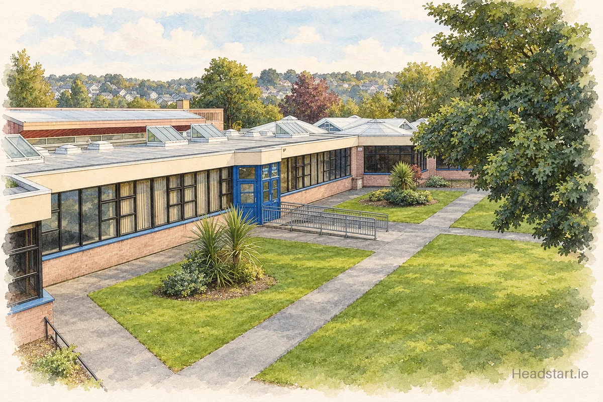 Watercolour illustration of the Douglas Community School building, Douglas