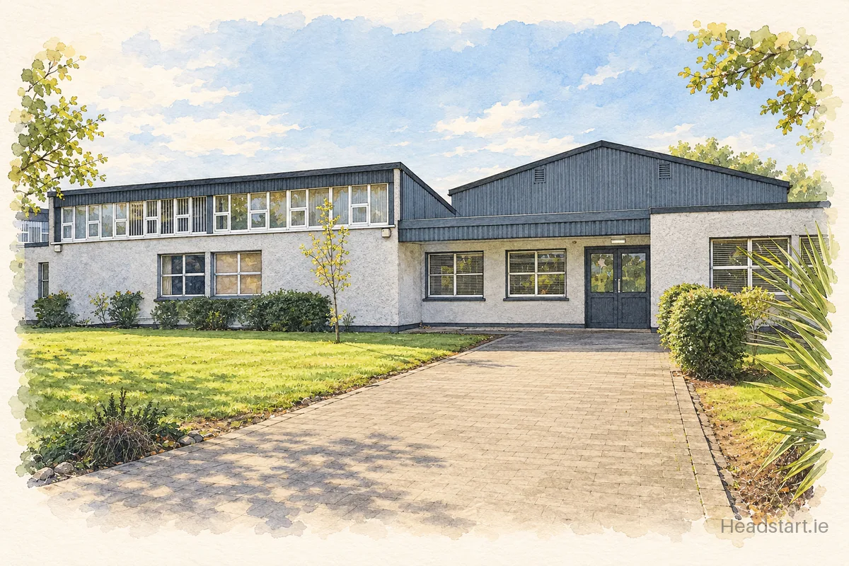 Watercolour illustration of the Bishopstown Community School building, Bishopstown