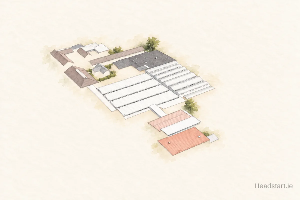 Watercolour illustration of the Carndonagh Community School building, Lifford