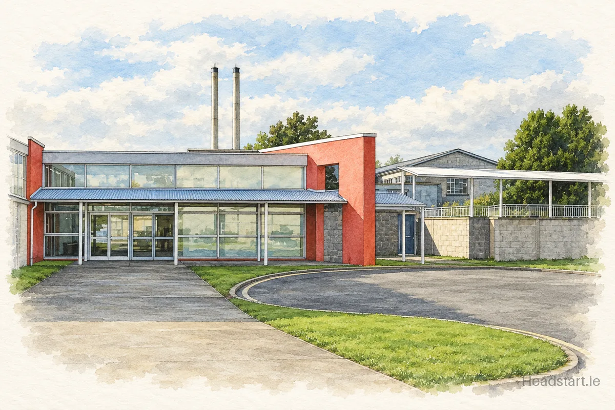 Watercolour illustration of the Ramsgrange Community School building, New Ross