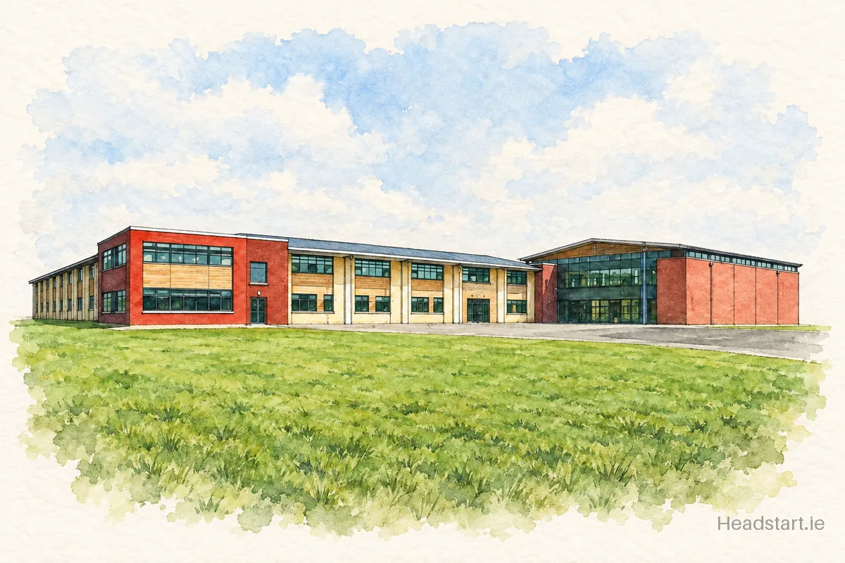 Watercolour illustration of the St Caimin's Community School building, Shannon