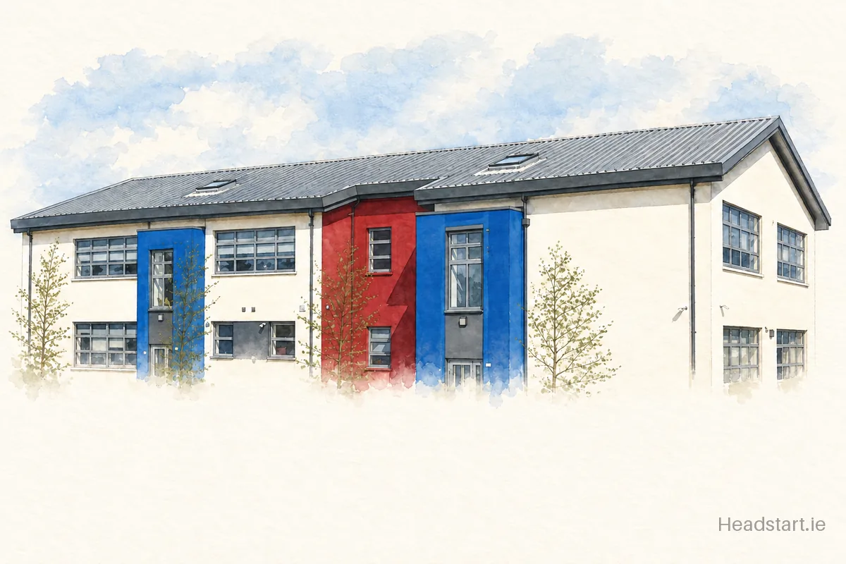Watercolour illustration of the Ballyhaunis Community School building, Ballyhaunis