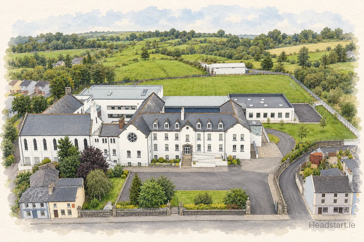 Watercolour illustration of the St Louis Community School building, Kiltimagh