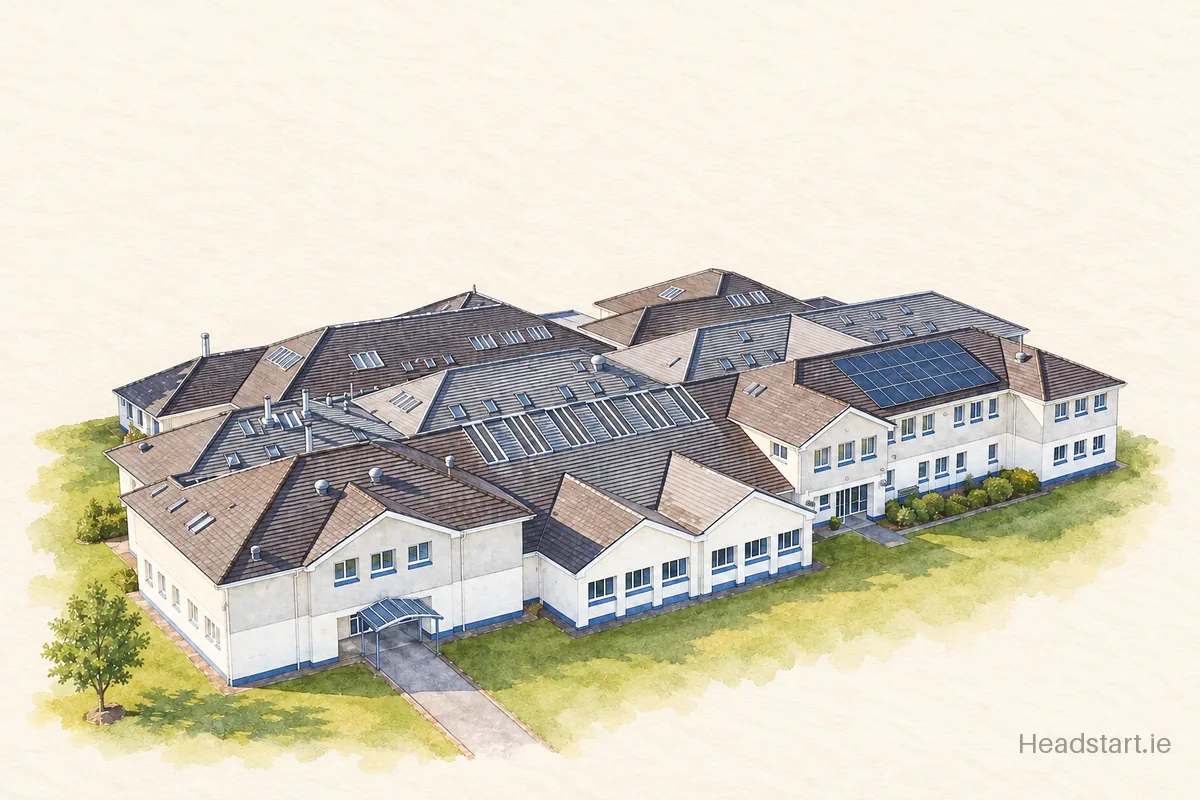 Watercolour illustration of the Community School building, Summerhill