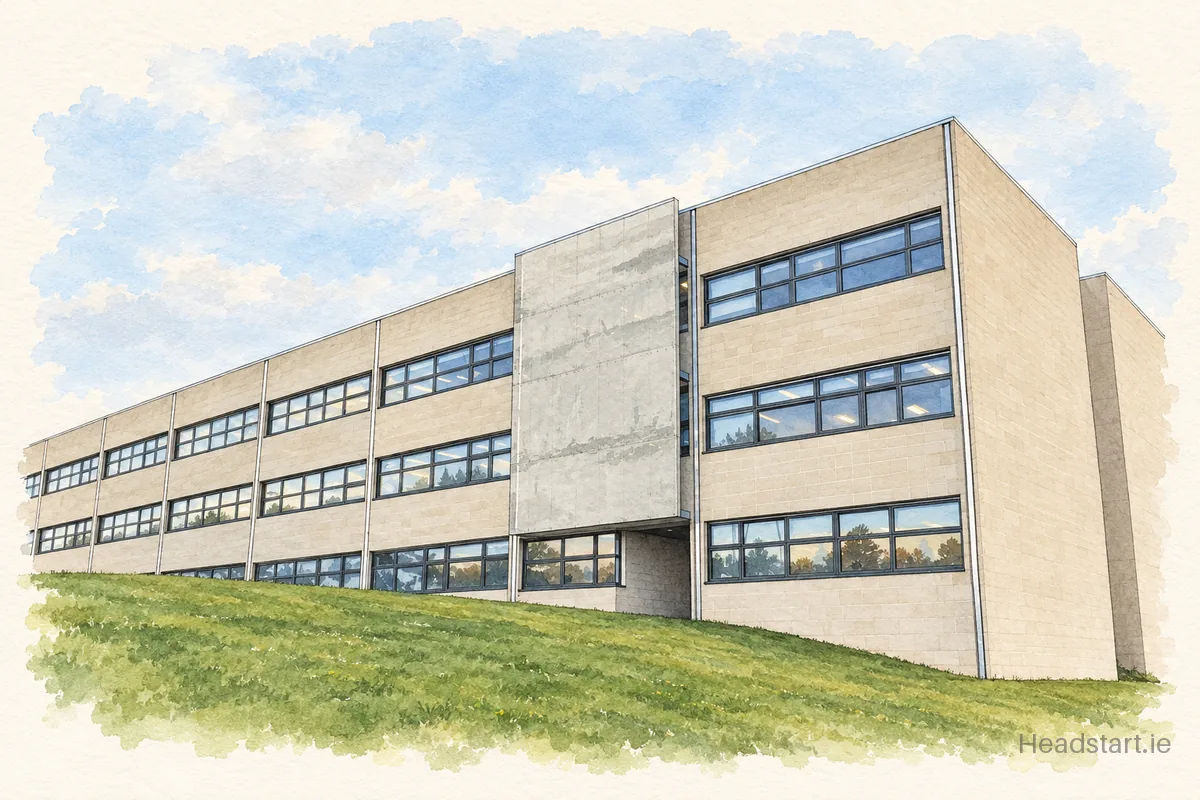 Watercolour illustration of the Kinsale Community School building, Kinsale