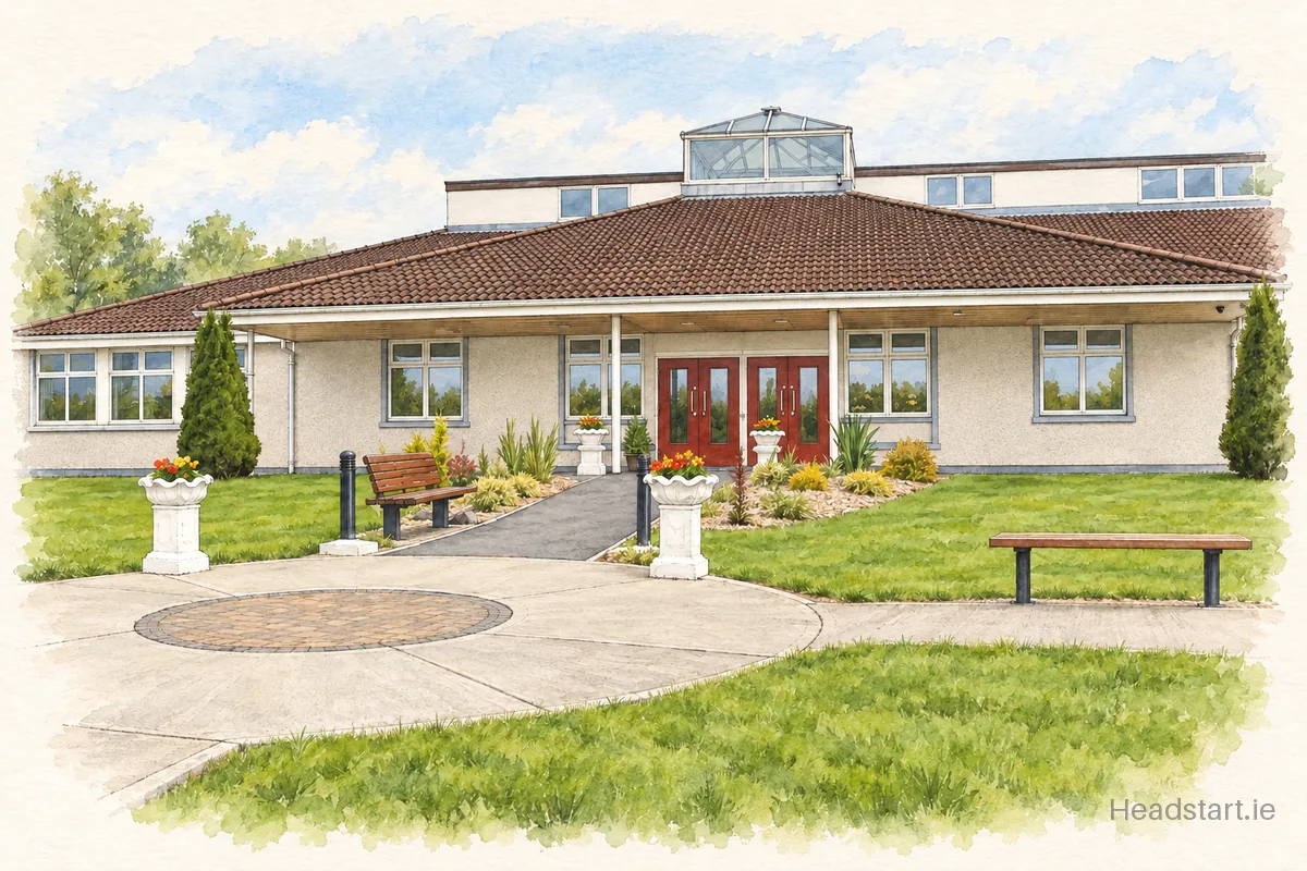 Watercolour illustration of the Moate Community School building, Moate