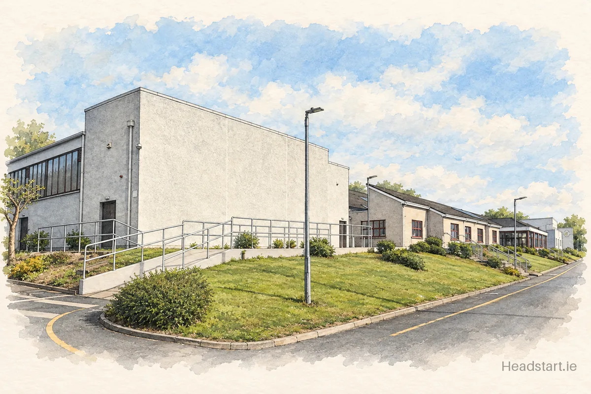 Watercolour illustration of the John The Baptist Community School building, Hospital