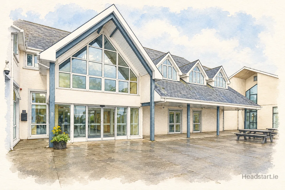 Watercolour illustration of the Pobalscoil Inbhear Sceine building, Kenmare