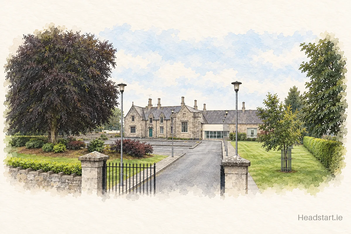 Watercolour illustration of the Boyne Community School building, Trim