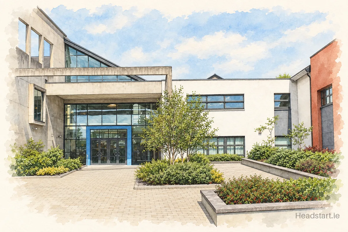 Watercolour illustration of the Pobailscoil Chorca Dhuibhne building, Tralee