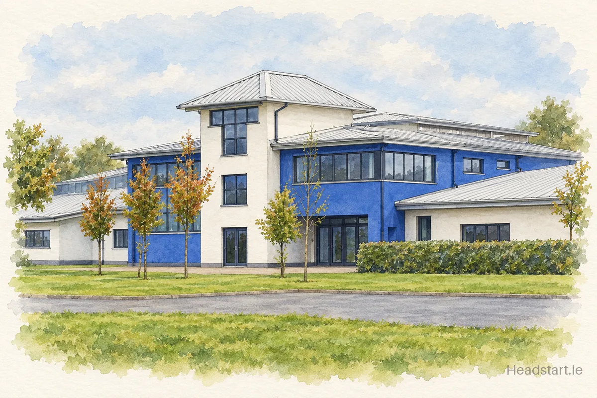 Watercolour illustration of the St Attracta's Community School building, Tubbercurry