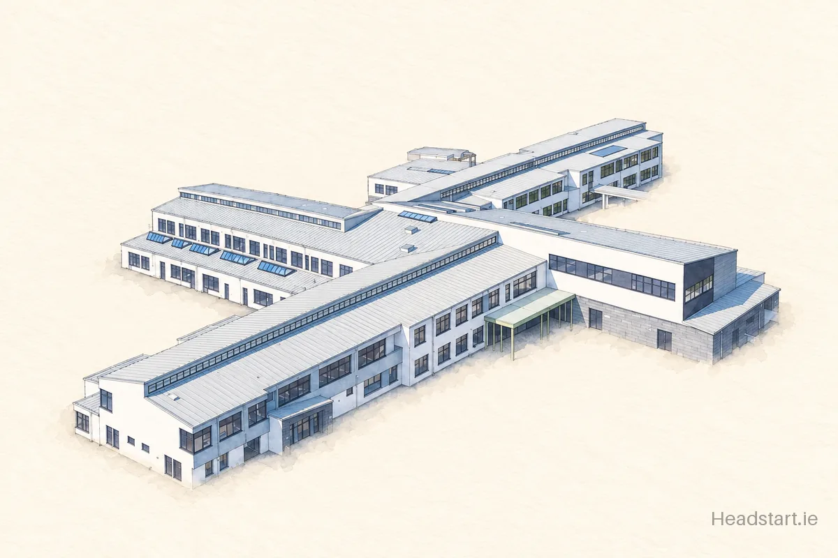 Watercolour illustration of the Skibbereen Community School building, Skibbereen